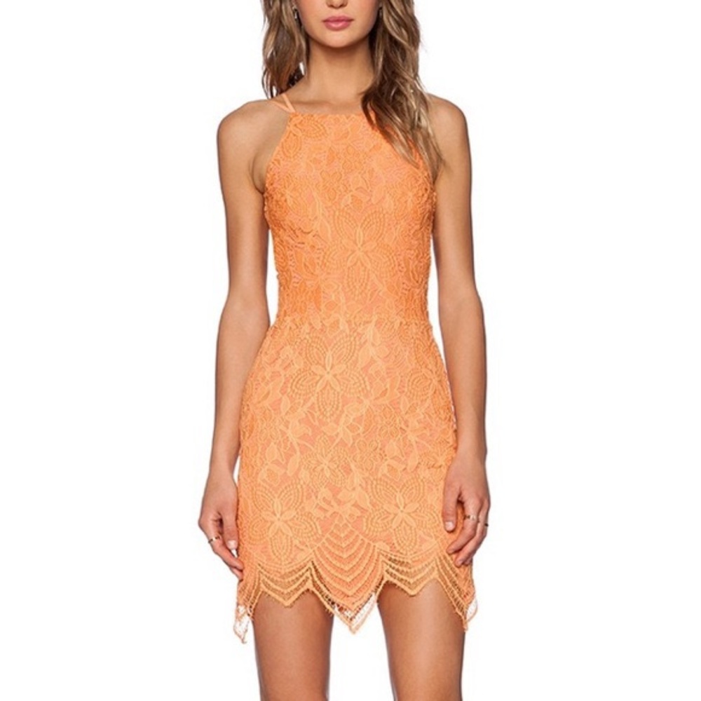 FOR LOVE & LEMONS Orange Lace Tie Back Mini Dress